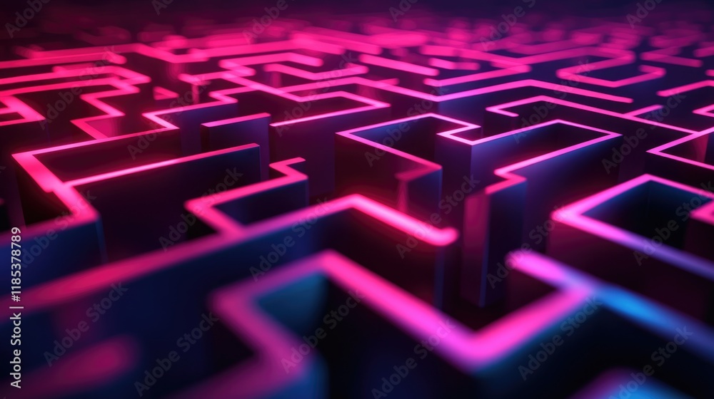 Abstract digital technology background: Neon lights guide us through a maze, leading to new discoveries and frontiers Abstract digital technology background: Neon lights guide us through a maze, leading to new discoveries and frontiers