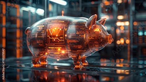 A glowing, digital piggy bank with a glowing orange chart and data on its surface. AI generative. .