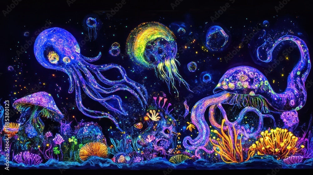 Fototapeta premium Glowing jellyfish, octopus, and mushrooms in dark fantasy underwater scene.