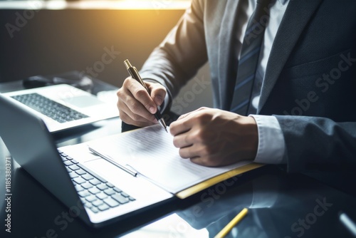 Closeup of a businessman's hand writing on a notepad with a pen, a laptop in the background. AI generative. . photo