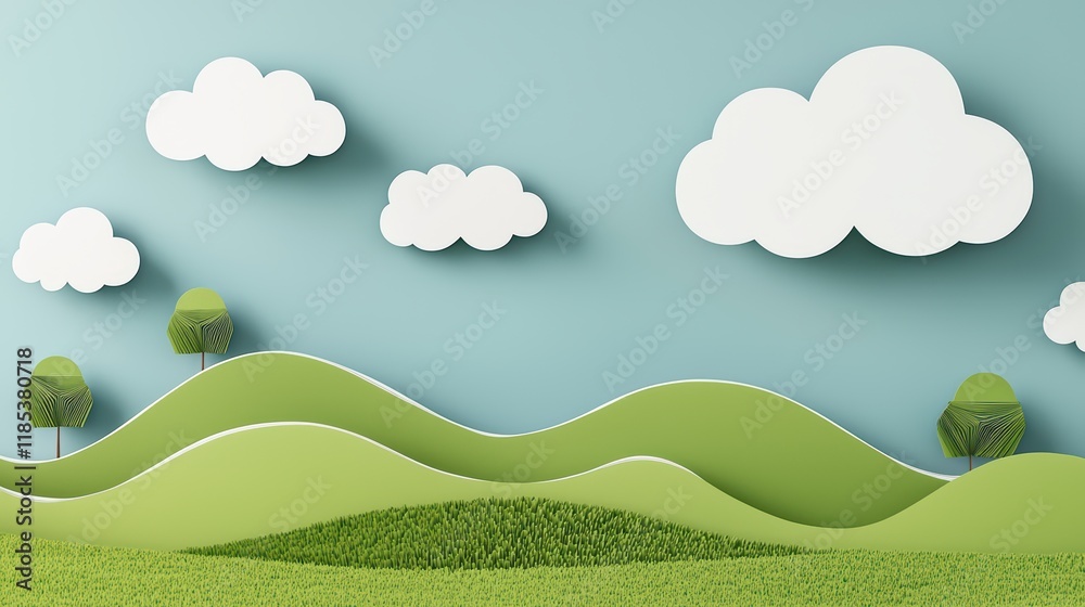 Obraz premium Paper Cut Landscape with Hills, Clouds, and Trees in Light Blue Sky