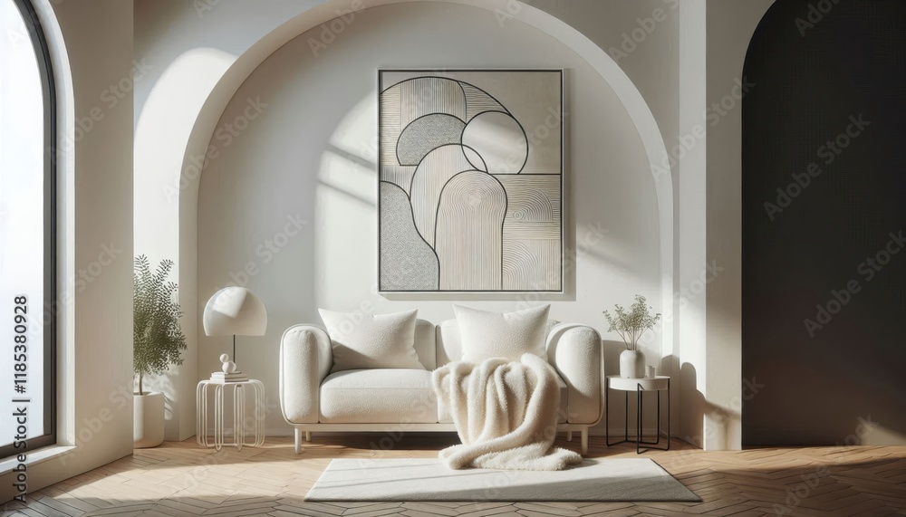 Minimalist interior design, curved archway, white textured walls, cozy cream sofa, circular wall art, monochromatic color scheme, soft lighting, abstract wall sculpture, rounded shapes, contemporary a Minimalist interior design, curved archway, white textured walls, cozy cream sofa, circular wall art, monochromatic color scheme, soft lighting, abstract wall sculpture, rounded shapes, contemporary a