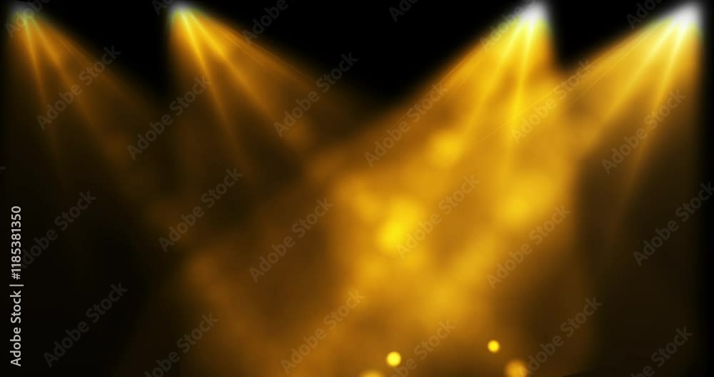 Stage spotlight moving loopable overlay template clip 4K. Big spot light shining brightly in dark bg illuminating the scene from the top. Music concert light effect. Flashlights fashion event runway.