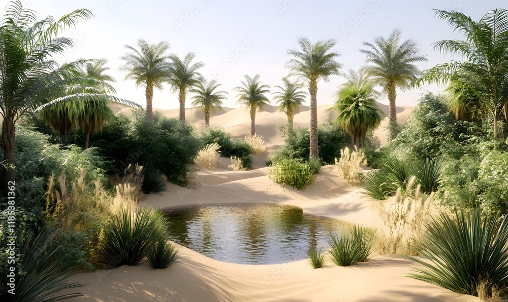Fototapeta premium Oasis, desert, palm trees, sand, waterhole, vegetation, sunlight.