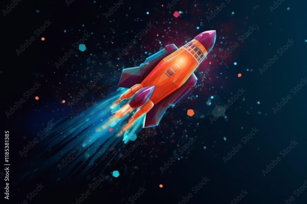 Naklejka premium A futuristic rocket shoots through a starry black background with bright blue trails. AI generative. .
