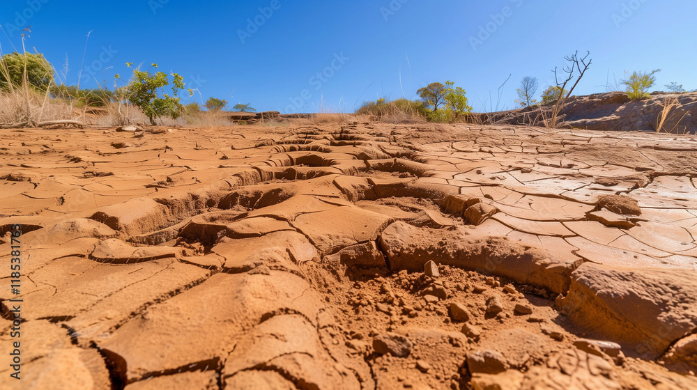 Ancient dinosaur footprints preserved in cracked dry mud with sparse vegetation under clear blue sky, showcasing prehistoric life and natural history.
