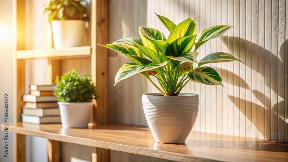 Variegated Houseplant in White Pot on Shelf - Indoor Plant Decor, Minimalist Aesthetic, Home Greenery, Natural Light, Modern Living, Houseplant Care, Stylish Interior Design, Home Office Inspiration Variegated Houseplant in White Pot on Shelf - Indoor Plant Decor, Minimalist Aesthetic, Home Greenery, Natural Light, Modern Living, Houseplant Care, Stylish Interior Design, Home Office Inspiration