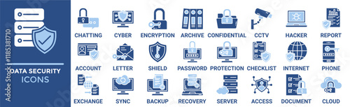 Data security icon set. Containing chatting, cyber, encryption, archive, confidential, cctv, hacker, report and more. Solid vector icons collection 