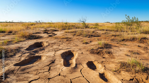 Close-Up of Ancient Dinosaur Footprints in Dried Mud Surrounded by Cracked Earth and Sparse Vegetation Under a Clear Blue Sky, Capturing the Essence of Prehistoric Life and Natural History