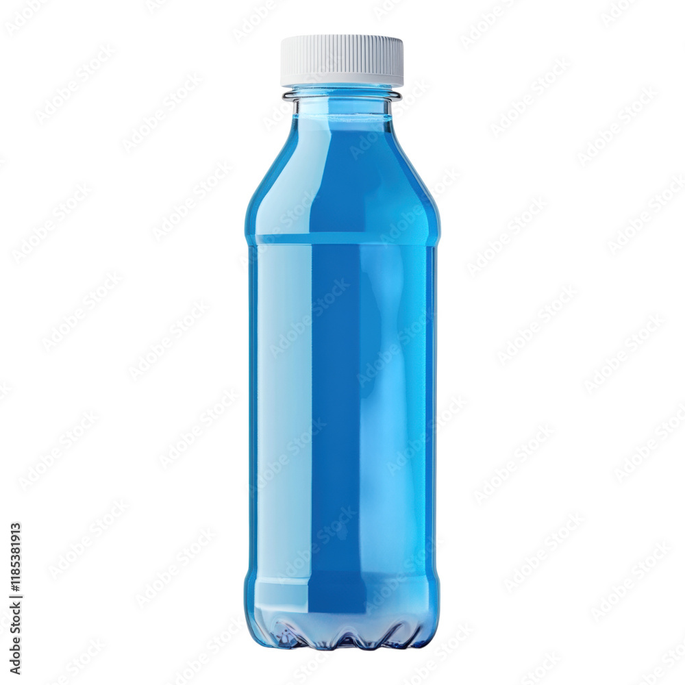 Transparent juice bottle, customizable branding area, vibrant cyan label design, ideal for product promotion and marketing applications