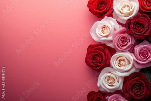 A beautiful array of vibrant roses blossoms on a soft pink surface, radiating love and romance, perfect for celebrating Valentine's Day.