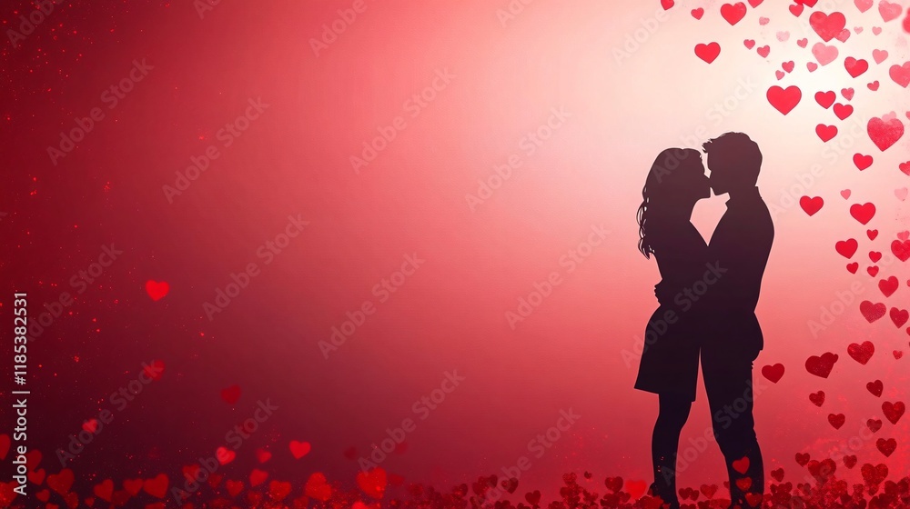 A romantic silhouette of a couple kissing amidst red hearts on a pink backdrop, perfect for Valentine's Day cards, love promotions, and intimate relationship themes. A romantic silhouette of a couple kissing amidst red hearts on a pink backdrop, perfect for Valentine's Day cards, love promotions, and intimate relationship themes.