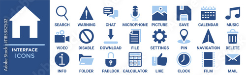 Interface essential icon set. Containing search, warning, chat, microphone, picture, save, calendar, music and more. Solid vector icons collection 