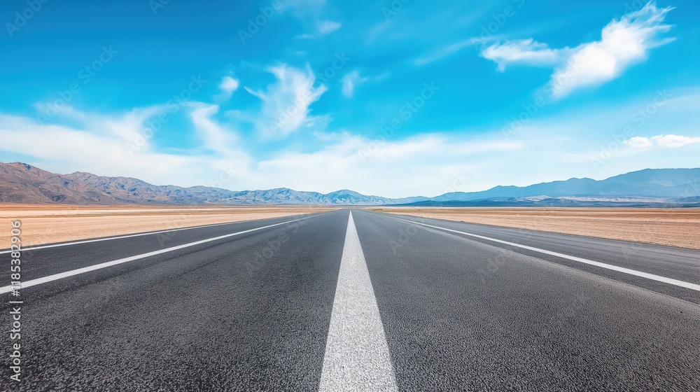 Open Road Leads Through Vast Desert Landscape Towards Majestic Mountains Under Clear Blue Sky Open Road Leads Through Vast Desert Landscape Towards Majestic Mountains Under Clear Blue Sky