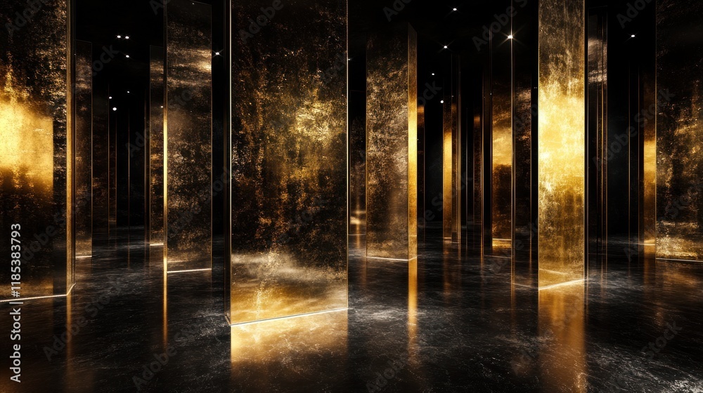 Dark room with gold reflective pillars. Dark room with gold reflective pillars.