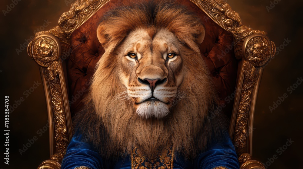 Majestic Lion Sitting on Throne Surrounded by Regal Background Majestic Lion Sitting on Throne Surrounded by Regal Background
