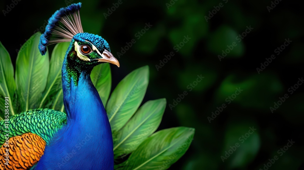 Majestic Peacock Displaying Vibrant Feathers Amidst Green Leaves Majestic Peacock Displaying Vibrant Feathers Amidst Green Leaves