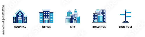 Building banner web icon vector illustration concept with icons of hospital, office, city, buildings, and sign post