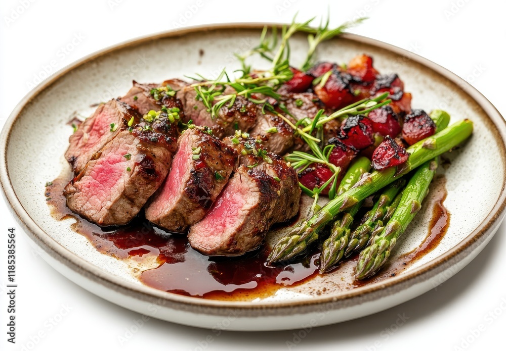 Succulent Grilled Beef with Pink Center, Fresh Asparagus, and Colorful Cherry Relish on a Rustic Plate, Perfect for Gourmet Dining and Food Photography Succulent Grilled Beef with Pink Center, Fresh Asparagus, and Colorful Cherry Relish on a Rustic Plate, Perfect for Gourmet Dining and Food Photography
