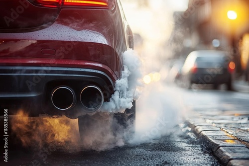 Red Car Exhaust Smoke Urban...