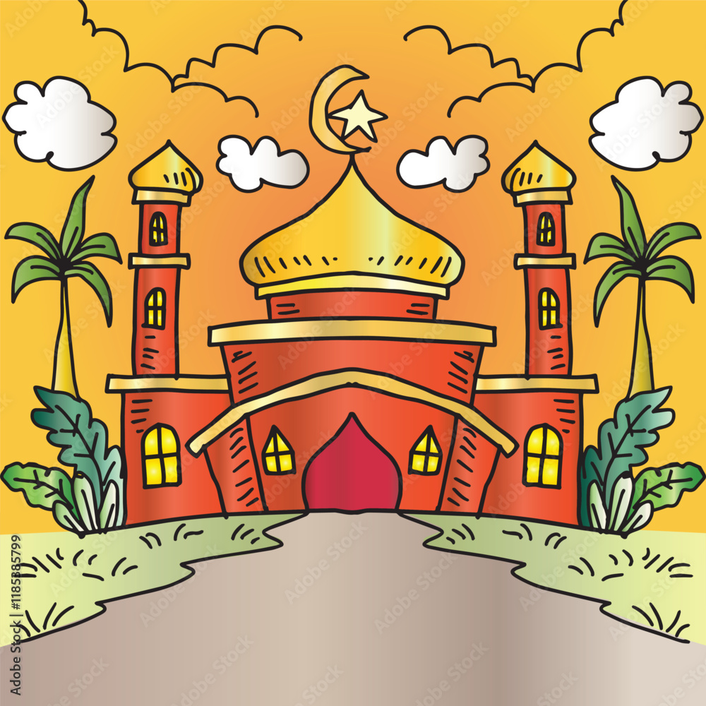 Fototapeta premium Illustration of mosque on a yellow background with palm trees and clouds