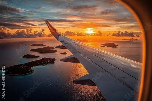 Plane Wing View, Sunset Ove...