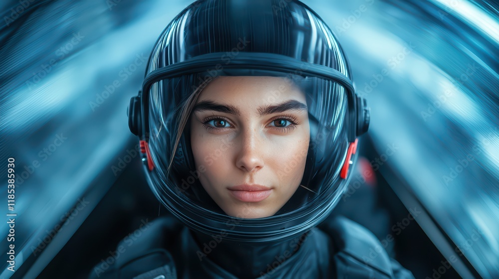 Futuristic Female Astronaut in High-Tech Space Helmet Portrait Futuristic Female Astronaut in High-Tech Space Helmet Portrait