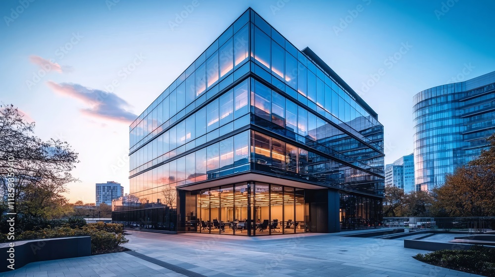 Obraz premium Modern Glass Office Building at Dusk Architectural Composition and City Reflection