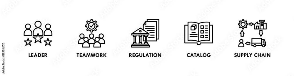 Production banner web icon illustration concept with icon of leader, teamwork, regulation, catalog, and supply chain Production banner web icon illustration concept with icon of leader, teamwork, regulation, catalog, and supply chain