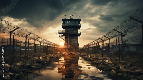A prison with a tall tower and barbed wire