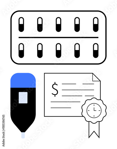 Capsules in blister pack, glucometer with blue cap, financial document with dollar sign and certificate seal. Ideal for healthcare, finance, prescriptions, insurance, medical testing, medication
