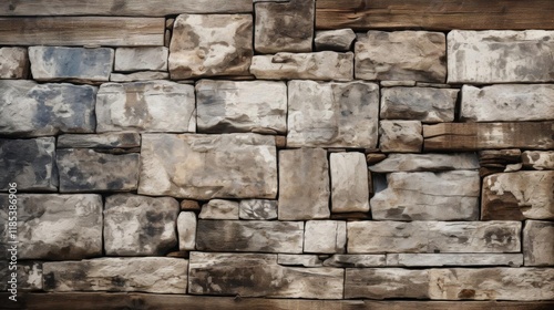 A wall made of stone and wood with a rough texture