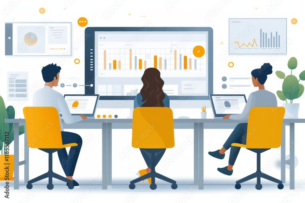 Three people sit at desks with laptops and a large screen displaying charts and graphs. AI generative. . Three people sit at desks with laptops and a large screen displaying charts and graphs. AI generative. .