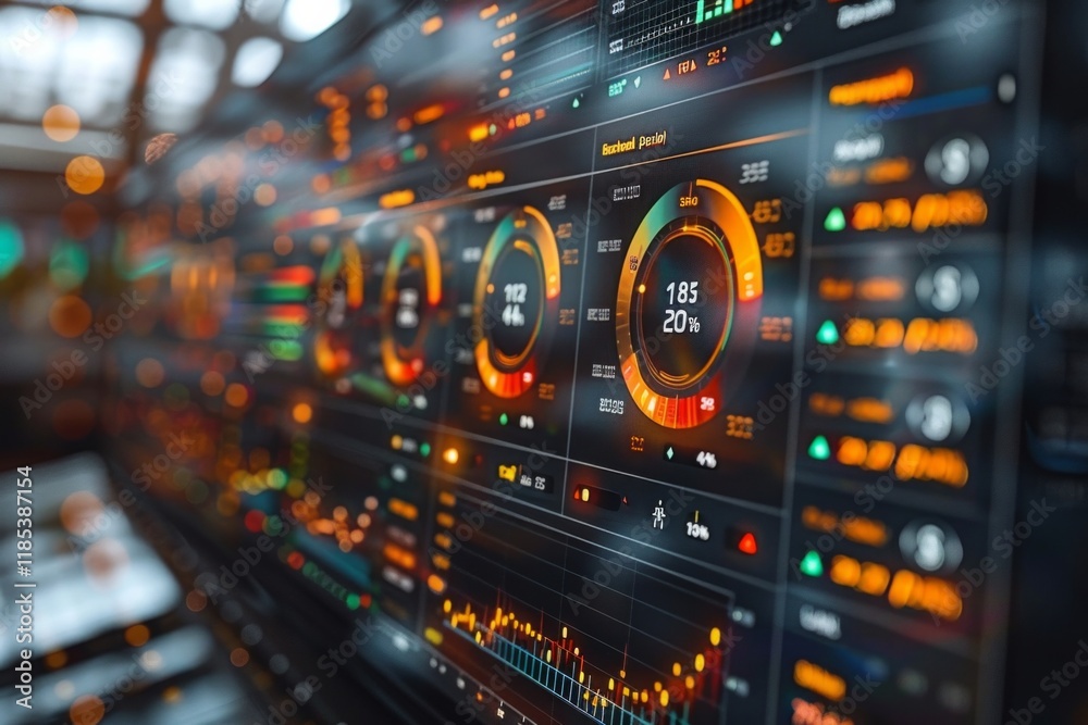 A close-up shot of a digital interface with glowing orange and blue data points, graphs, and gauges. AI generative. . A close-up shot of a digital interface with glowing orange and blue data points, graphs, and gauges. AI generative. .