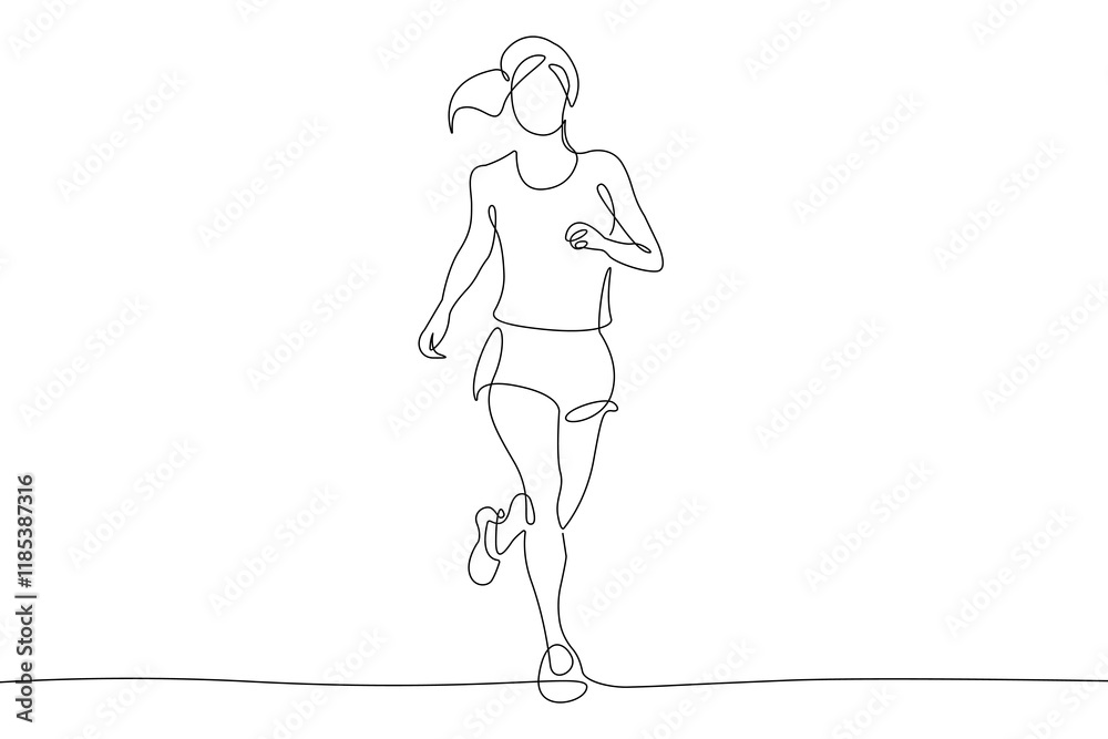 Fototapeta premium Woman Runner One Line Drawing. Running Abstract Minimal Drawing. Continuous One Line Woman Run Sport Illustration. Modern Trendy Contour Drawing. Vector EPS 10.