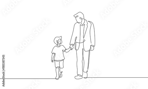Happy Family Continuous One Line Drawing. Father and Son Walking Together Single Line Drawing Minimalist Illustration. Happy Father`s Day Vector Illustration