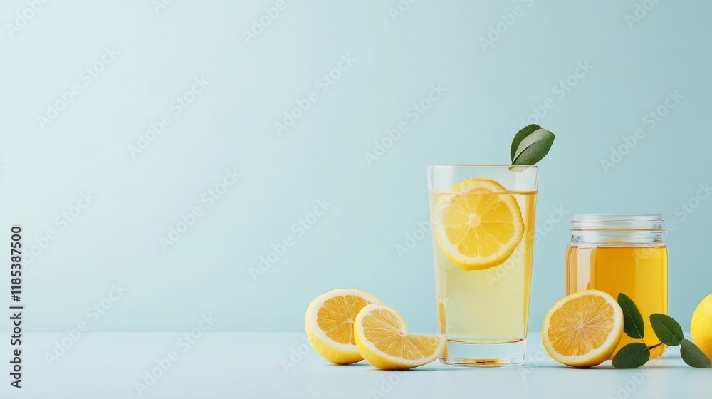 Refreshing Lemon Drink with Honey and Fresh Lemon Slices on a Light Background for Summer Vibes and Healthy Living Inspiration Refreshing Lemon Drink with Honey and Fresh Lemon Slices on a Light Background for Summer Vibes and Healthy Living Inspiration