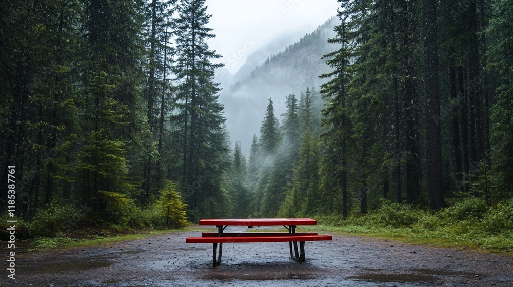 Obraz premium Empty red picnic table in a misty, rainy forest.