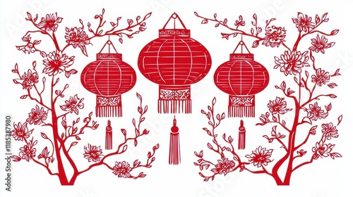 Creating beautiful papercuts of traditional chinese lanterns surrounded by floral patterns in a cultural setting for art enthusiasts photo