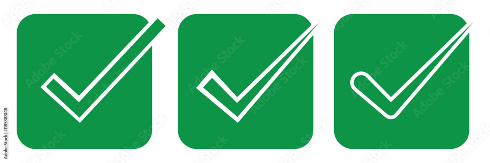Check mark icon vector set. Green check box icon with right or yes check mark icons. green checkmark OK symbols or YES button. Tick box, checkbox symbol sign. Vector illustration. Check mark icon vector set. Green check box icon with right or yes check mark icons. green checkmark OK symbols or YES button. Tick box, checkbox symbol sign. Vector illustration.