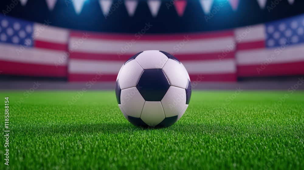 Naklejka premium Soccer Ball on Grass with American Flags in Background Decor