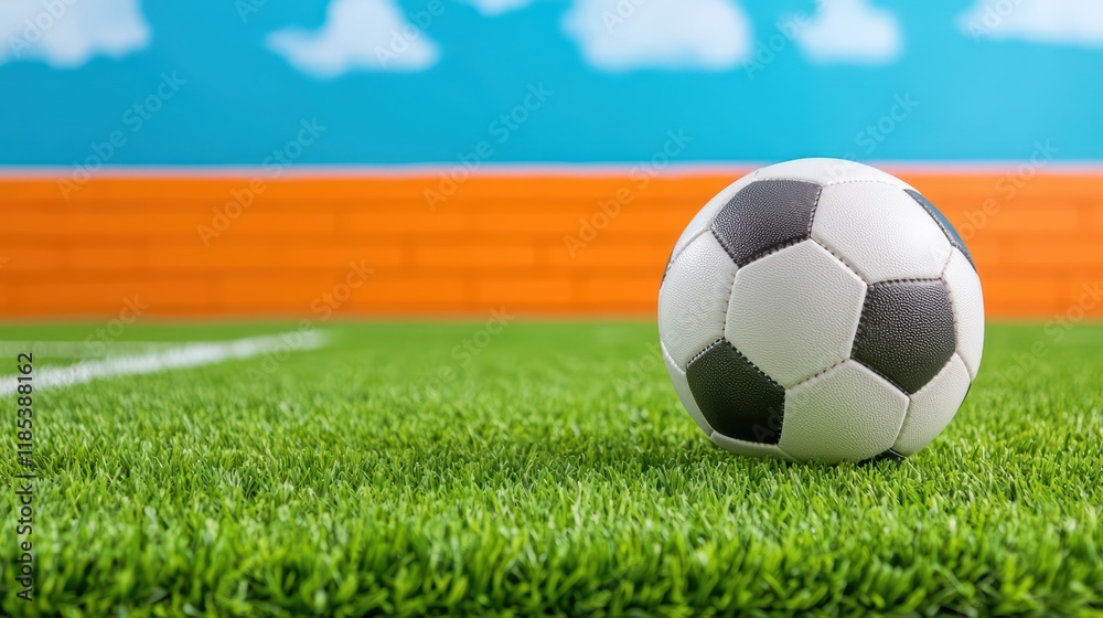 Obraz premium Soccer Ball on Green Grass Field with Blue Sky and Clouds