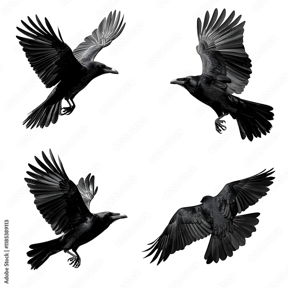 Obraz premium A crow in different flying positions, on white background