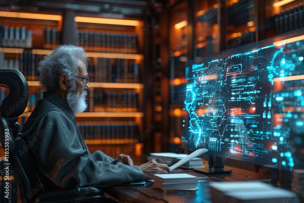 An old man in a dark robe sits in a chair and looks at a computer screen with blue digital data. AI generative. . An old man in a dark robe sits in a chair and looks at a computer screen with blue digital data. AI generative. .