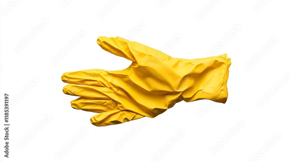 Bright Yellow Rubber Glove Isolated on a White Background for Cleaning, Safety, or Household Use in Various Domestic and Professional Settings Bright Yellow Rubber Glove Isolated on a White Background for Cleaning, Safety, or Household Use in Various Domestic and Professional Settings