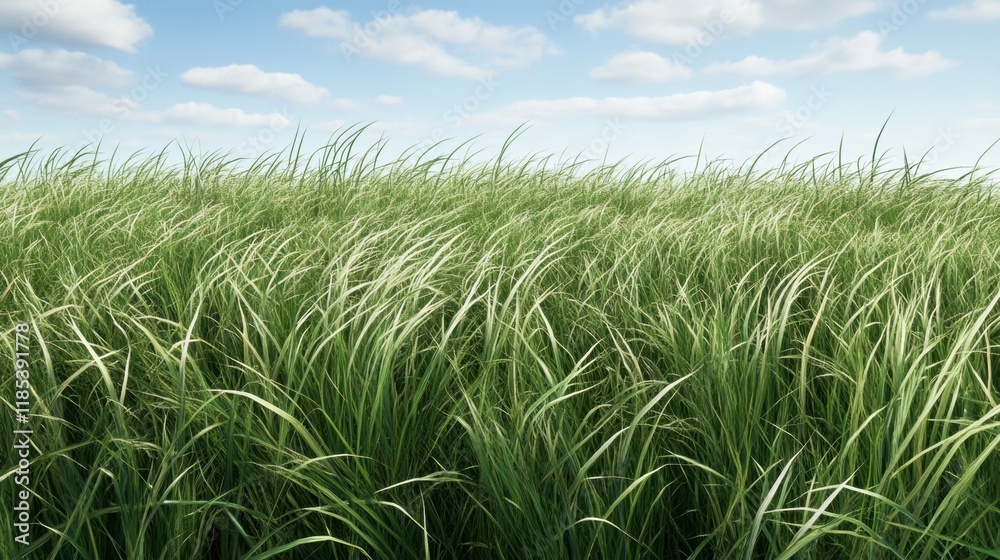 Obraz premium Windswept Green Grass Field Under Blue Sky - Calm Nature Scene