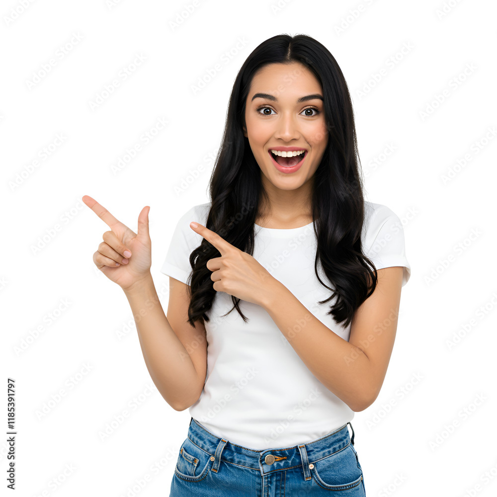 4k backgroundless cutout of a surprised and happy woman pointing 4k backgroundless cutout of a surprised and happy woman pointing