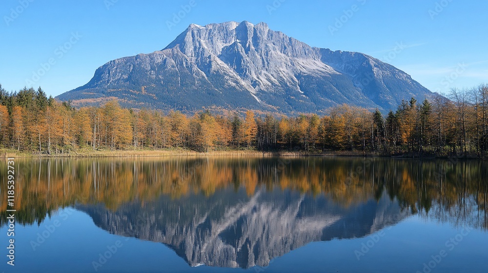 A serene landscape featuring a mountain reflecting in a calm lake surrounded by autumn foliage. A serene landscape featuring a mountain reflecting in a calm lake surrounded by autumn foliage.