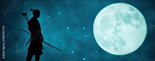 A silhouetted figure of a ninja stands against a glowing full moon, with stars twinkling in a deep blue night sky. photo