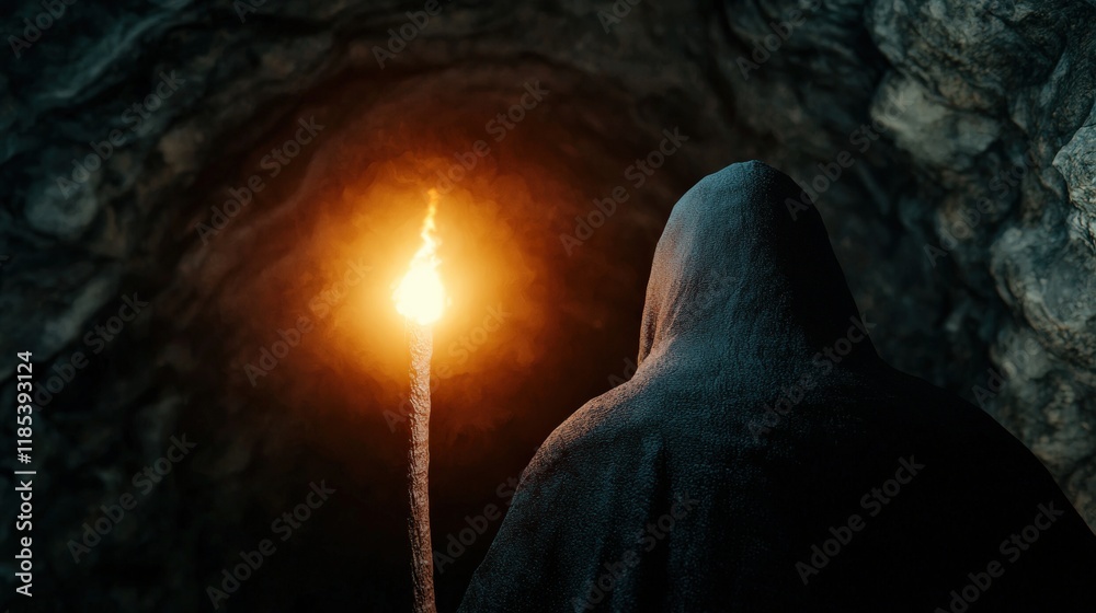Naklejka premium A cloaked figure stands in a dark tunnel, holding a lit torch that illuminates the surroundings with a warm glow, creating an eerie ambiance.